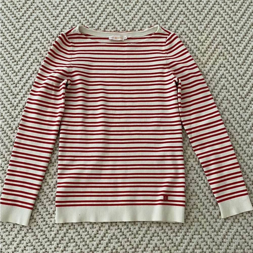Tory Burch Red Stretch Knit Striped Bateau Sweater Top